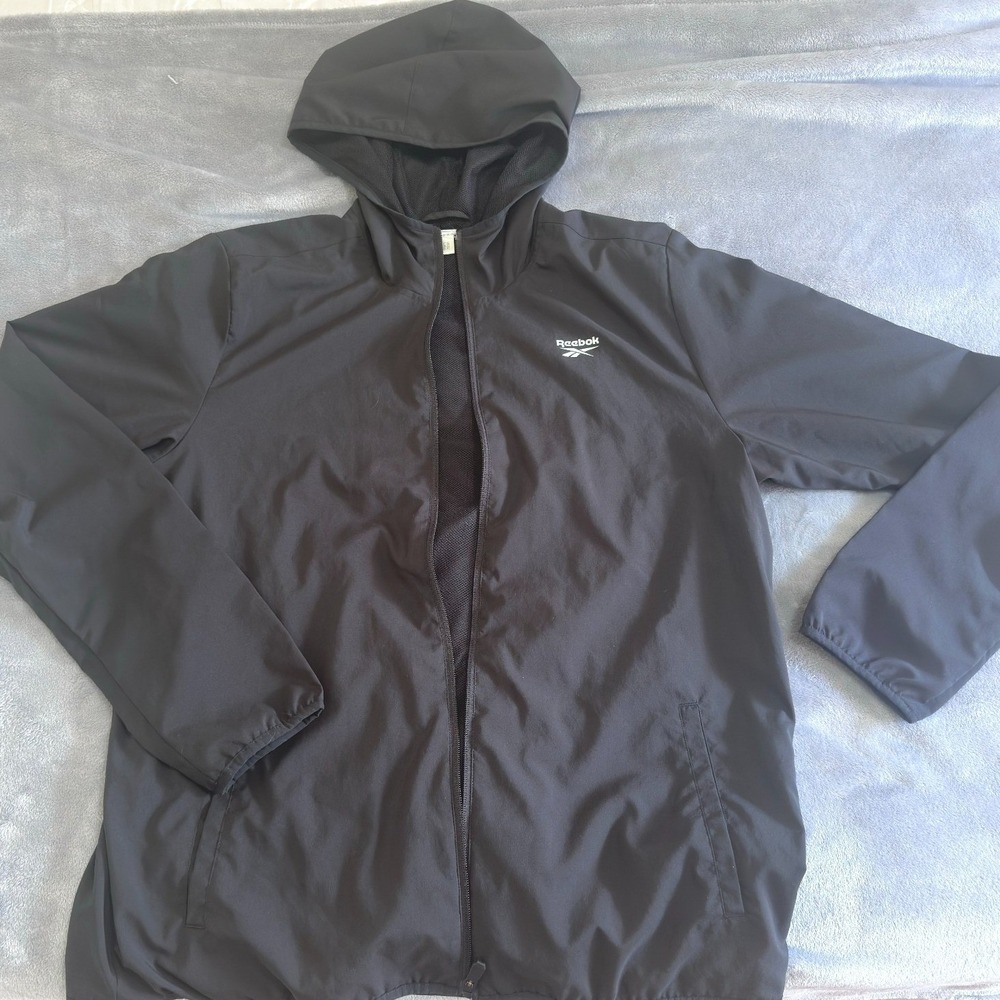 Reebok Men's Hooded Jacket Large Black Full Zip Lightweight Windbreaker Coat